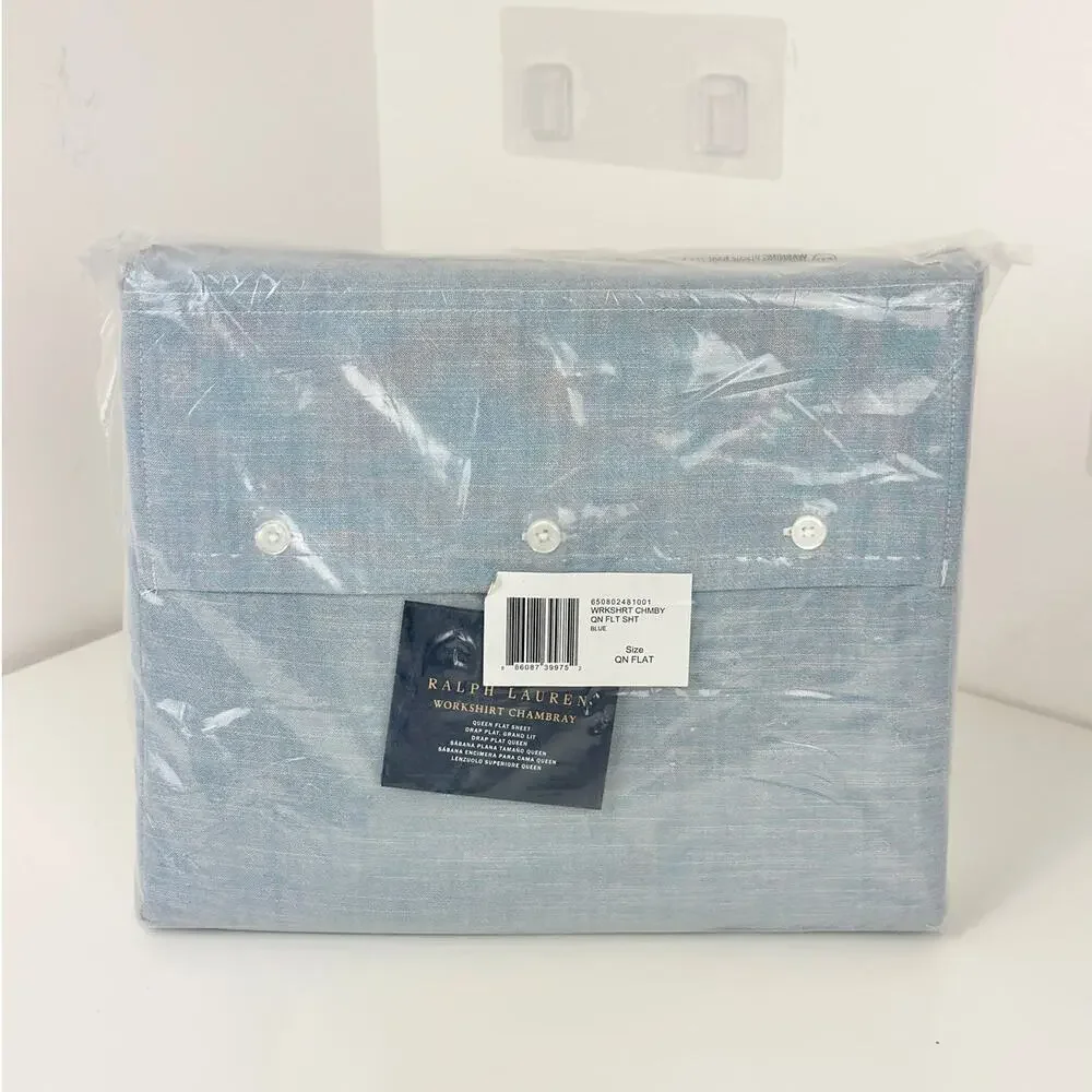 Ralph Lauren Queen Flat Sheet Workshirt Chambray Cotton Blue $215 NEW NWT